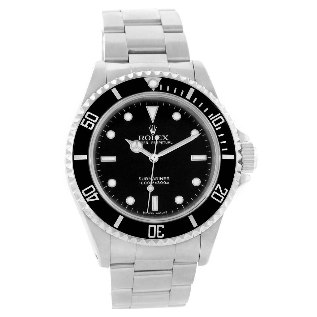 The Rolex Submariner 14060 Men's Stainless Steel Black Dial 14060 Men's Stainless Steel Black Dial watch is shown from the front, featuring the dial, bezel, and bracelet.