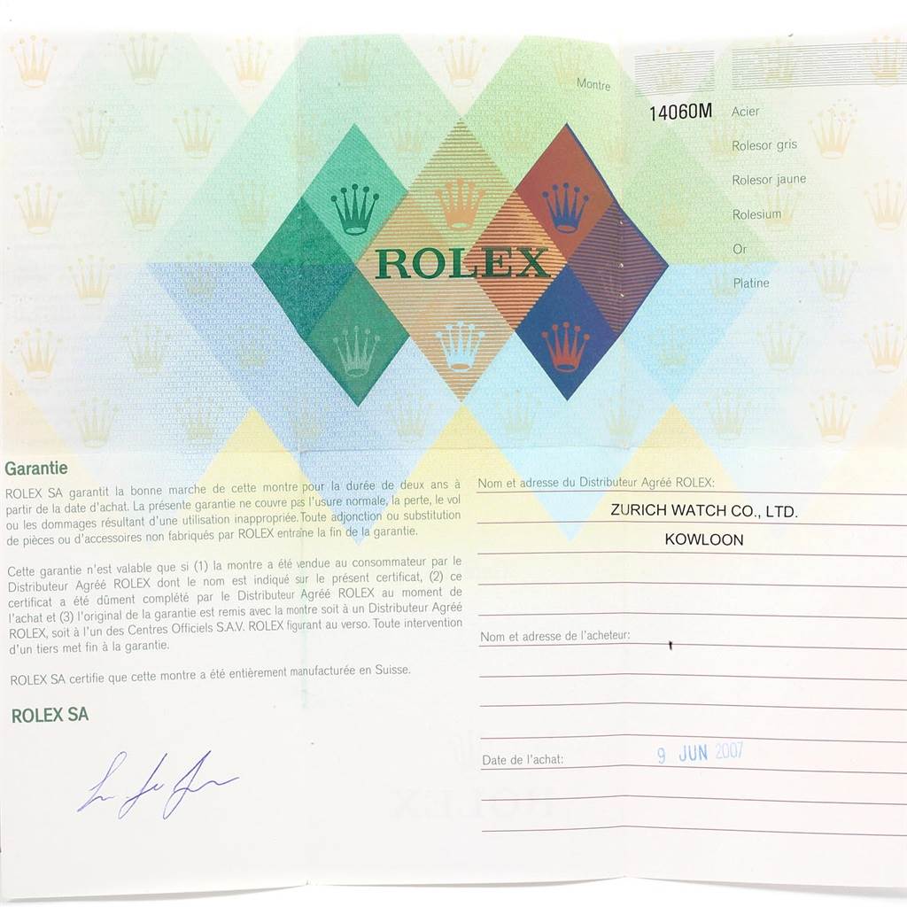 The image shows the warranty certificate for a Rolex Submariner 14060 Men's Stainless Steel Black Dial 14060 Men's Stainless Steel Black Dial model with information on materials and dealer details.