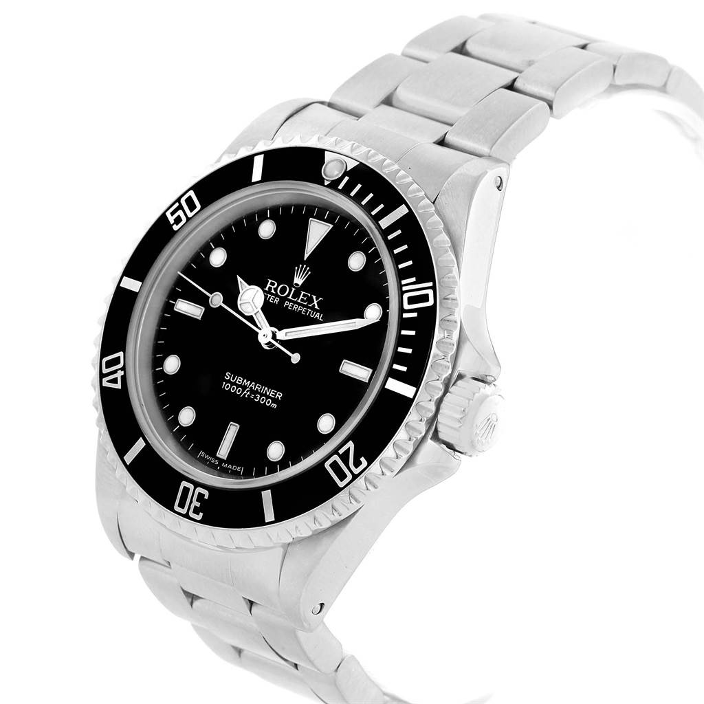The image shows a Rolex Submariner 14060 Men's Stainless Steel Black Dial 14060 Men's Stainless Steel Black Dial watch from an angled perspective, highlighting the dial, bezel, crown, and bracelet.
