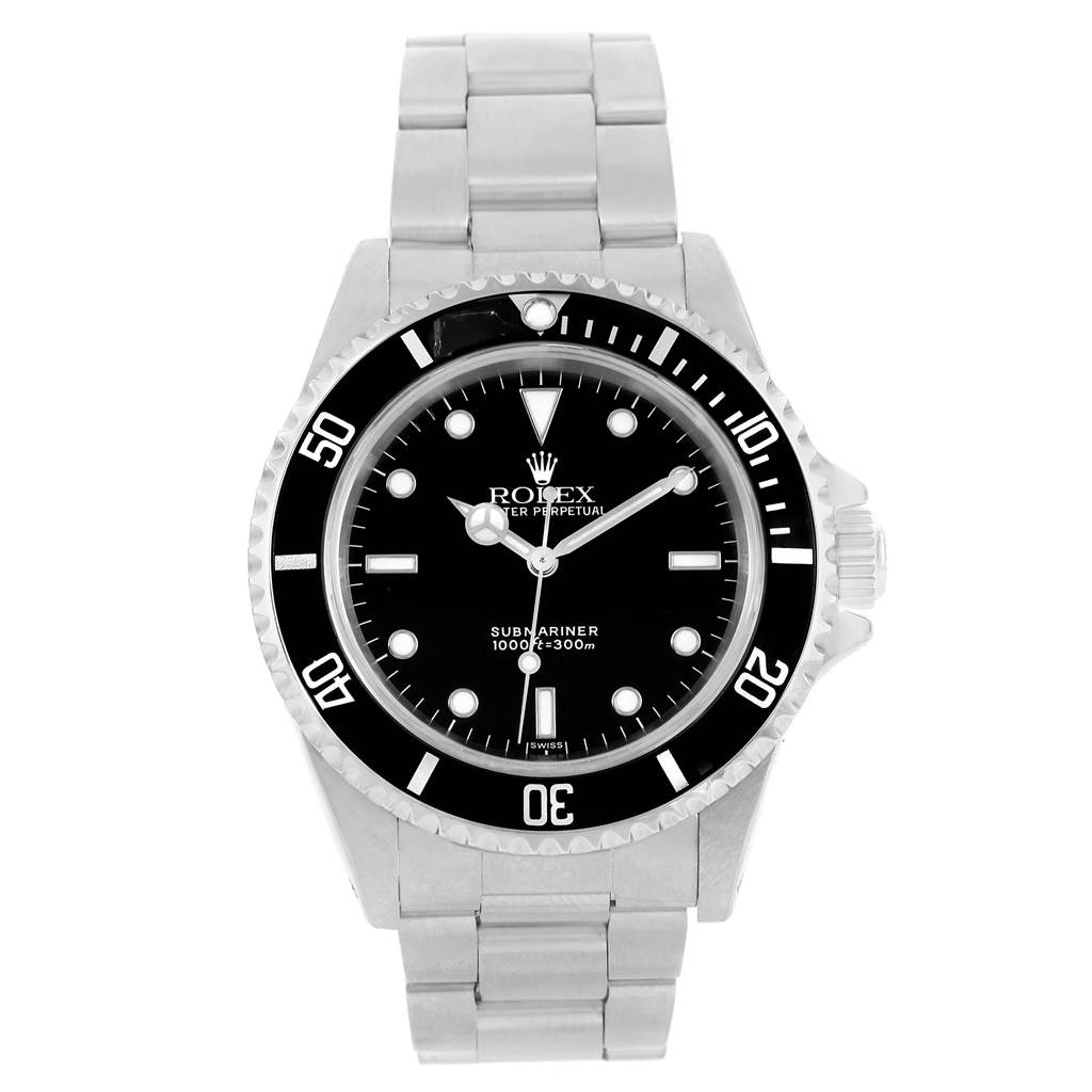 The image shows a front-facing view of a Rolex Submariner 14060 Men's Stainless Steel Black Dial 14060 Men's Stainless Steel Black Dial, highlighting the dial, bezel, and bracelet.