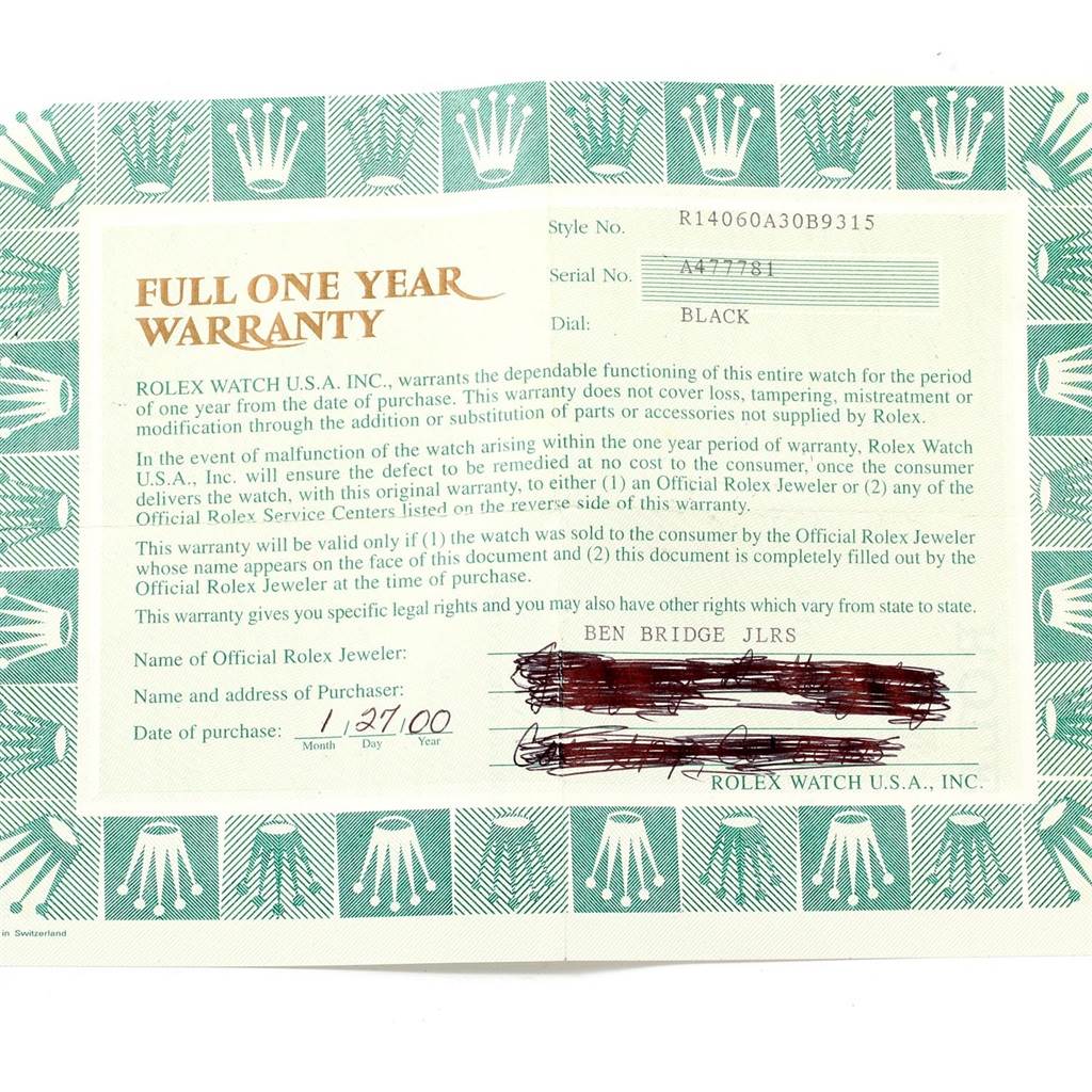 This image shows the warranty certificate for a Rolex Submariner 14060 Men's Stainless Steel Black Dial 14060 Men's Stainless Steel Black Dial watch, containing details such as the style number, serial number, and purchase date.