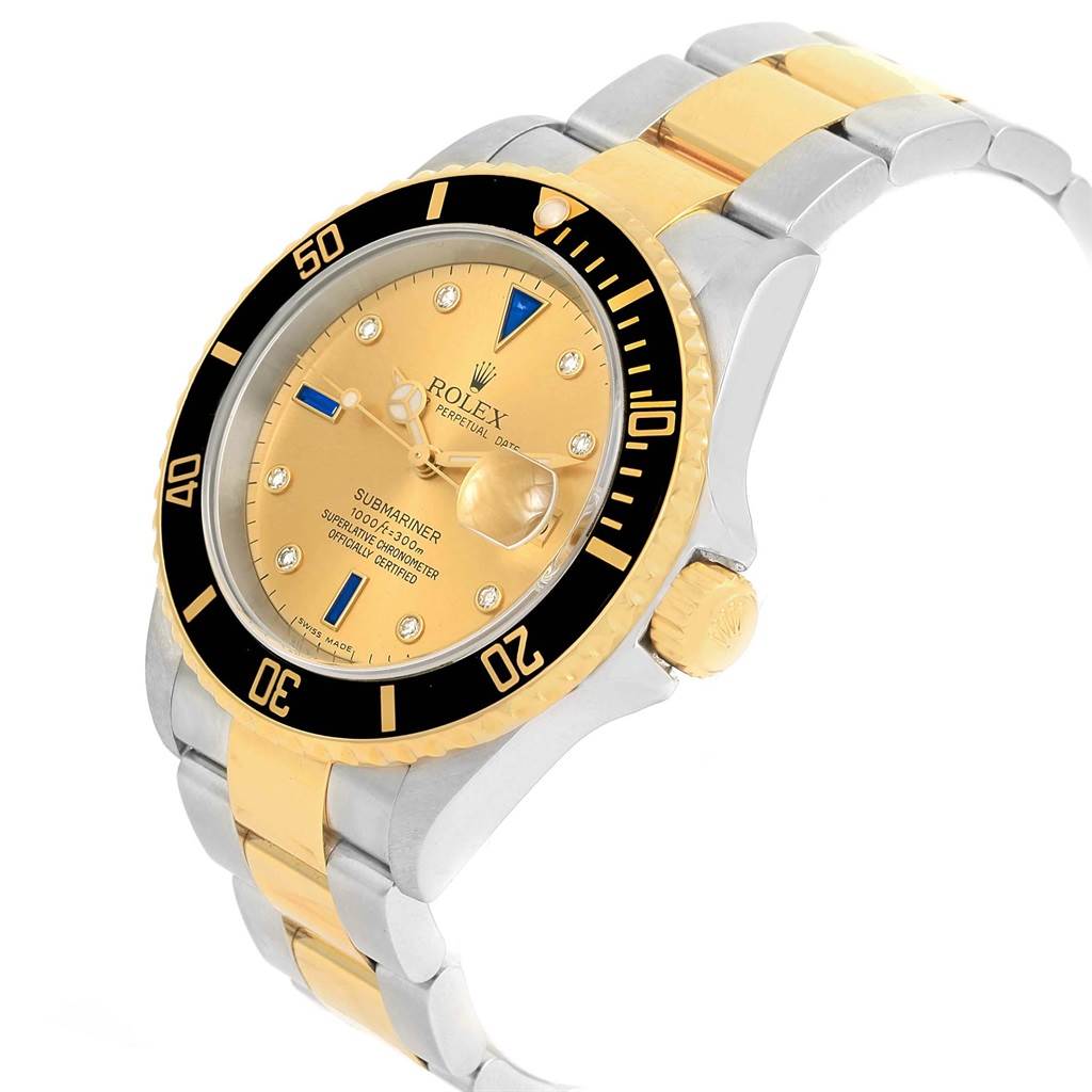 The Rolex Submariner 16613 Men's Steel and Gold (two tone) Champagne Dial 16613 Men's Steel and Gold (two tone) Champagne Dial watch is shown at an angled side view, showcasing the bezel, case, dial, and part of the bracelet.
