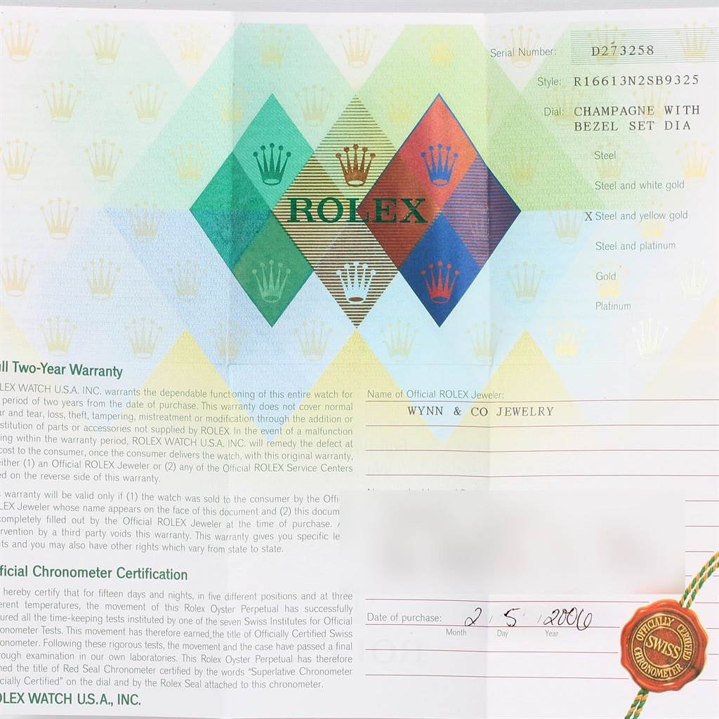 The image shows a Rolex warranty card for a Submariner model, detailing the serial and model number, style, materials, and jeweler information.