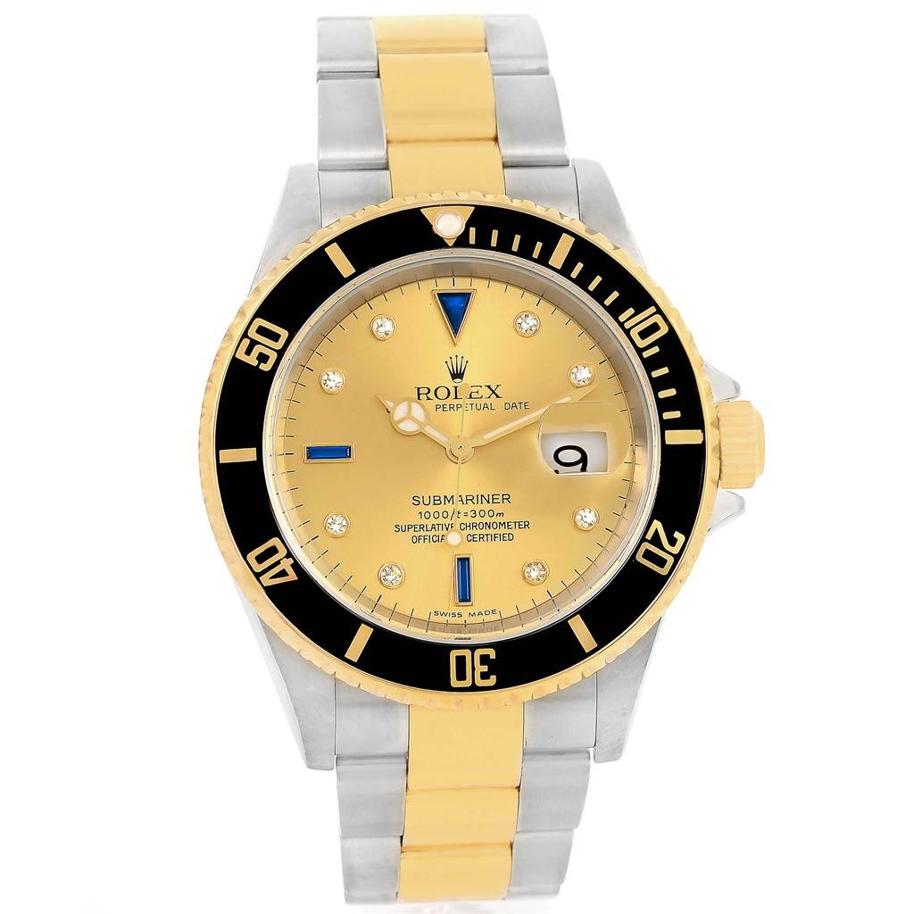 The image shows a front view of the Rolex Submariner 16613 Men's Steel and Gold (two tone) Champagne Dial 16613 Men's Steel and Gold (two tone) Champagne Dial watch, showcasing the dial, bezel, and bracelet.