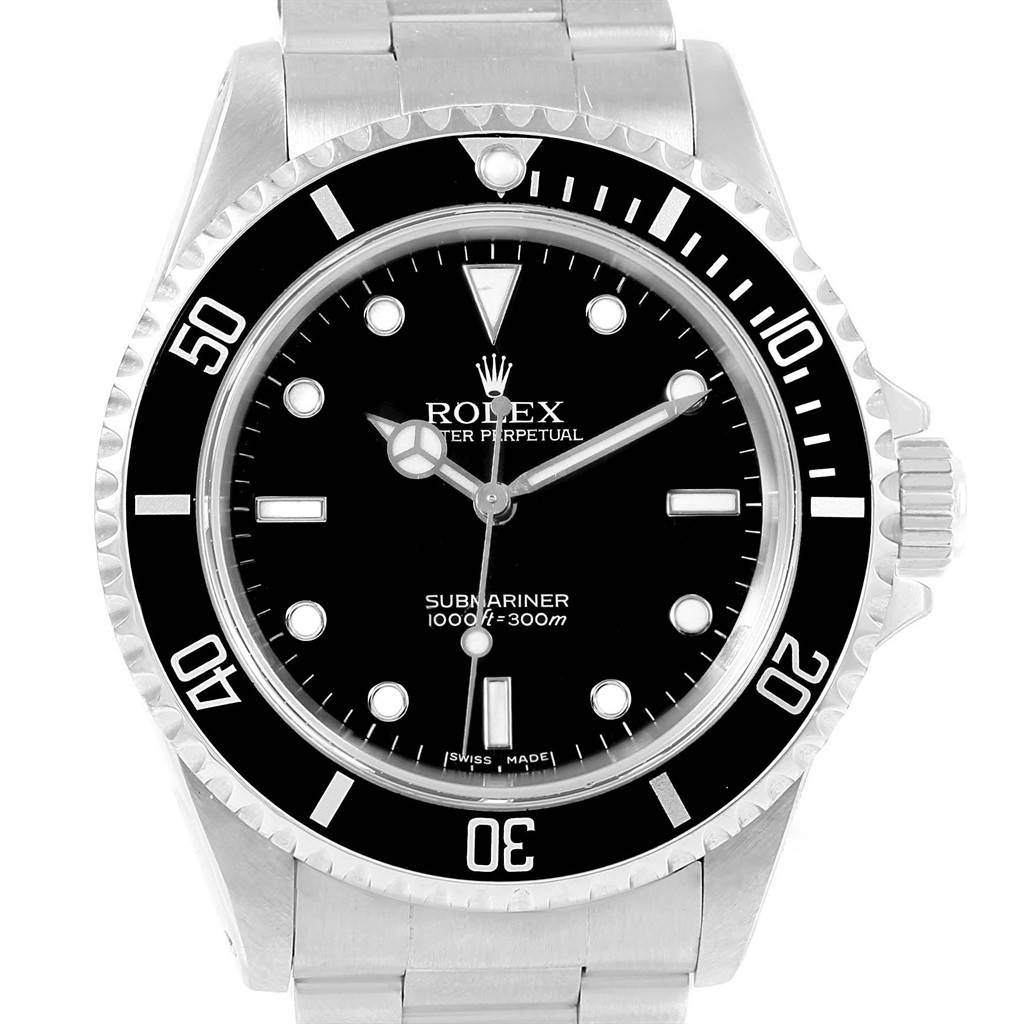 The image shows a front view of a Rolex Submariner 14060 Men's Stainless Steel Black Dial 14060 Men's Stainless Steel Black Dial watch, highlighting its black dial, bezel, and stainless steel bracelet.