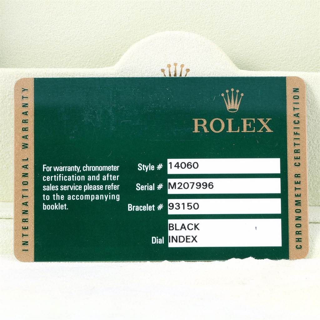 This image shows the warranty card for a Rolex Submariner 14060 Men's Stainless Steel Black Dial 14060 Men's Stainless Steel Black Dial model, including details like style, serial, and bracelet numbers.