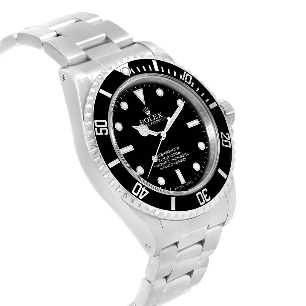 The image shows a Rolex Submariner 14060 Men's Stainless Steel Black Dial 14060 Men's Stainless Steel Black Dial watch from a slight side angle, capturing the face, bezel, crown, and part of the bracelet.