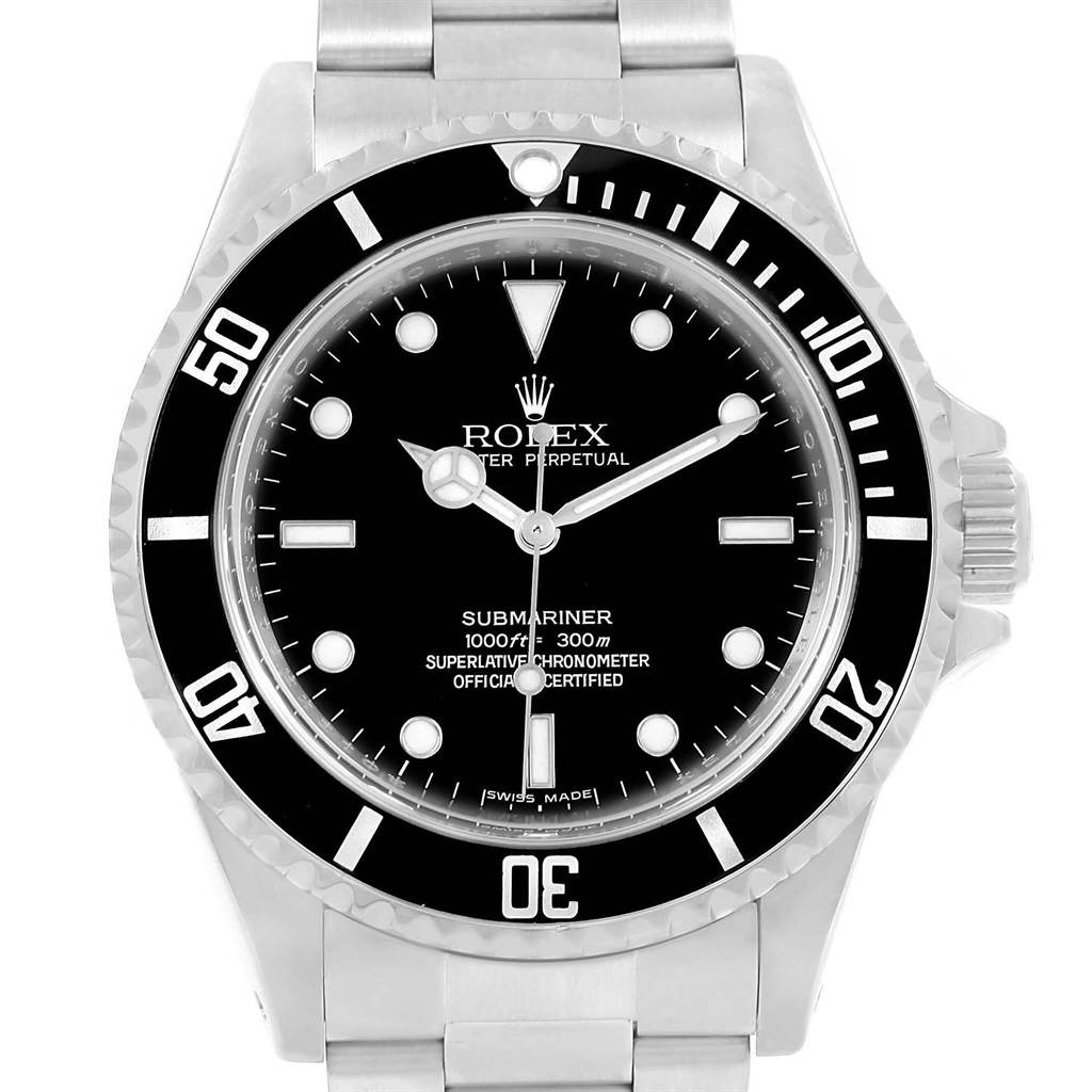 This is a frontal view of a Rolex Submariner 14060 Men's Stainless Steel Black Dial 14060 Men's Stainless Steel Black Dial watch, showing the face, bezel, and part of the metal bracelet.