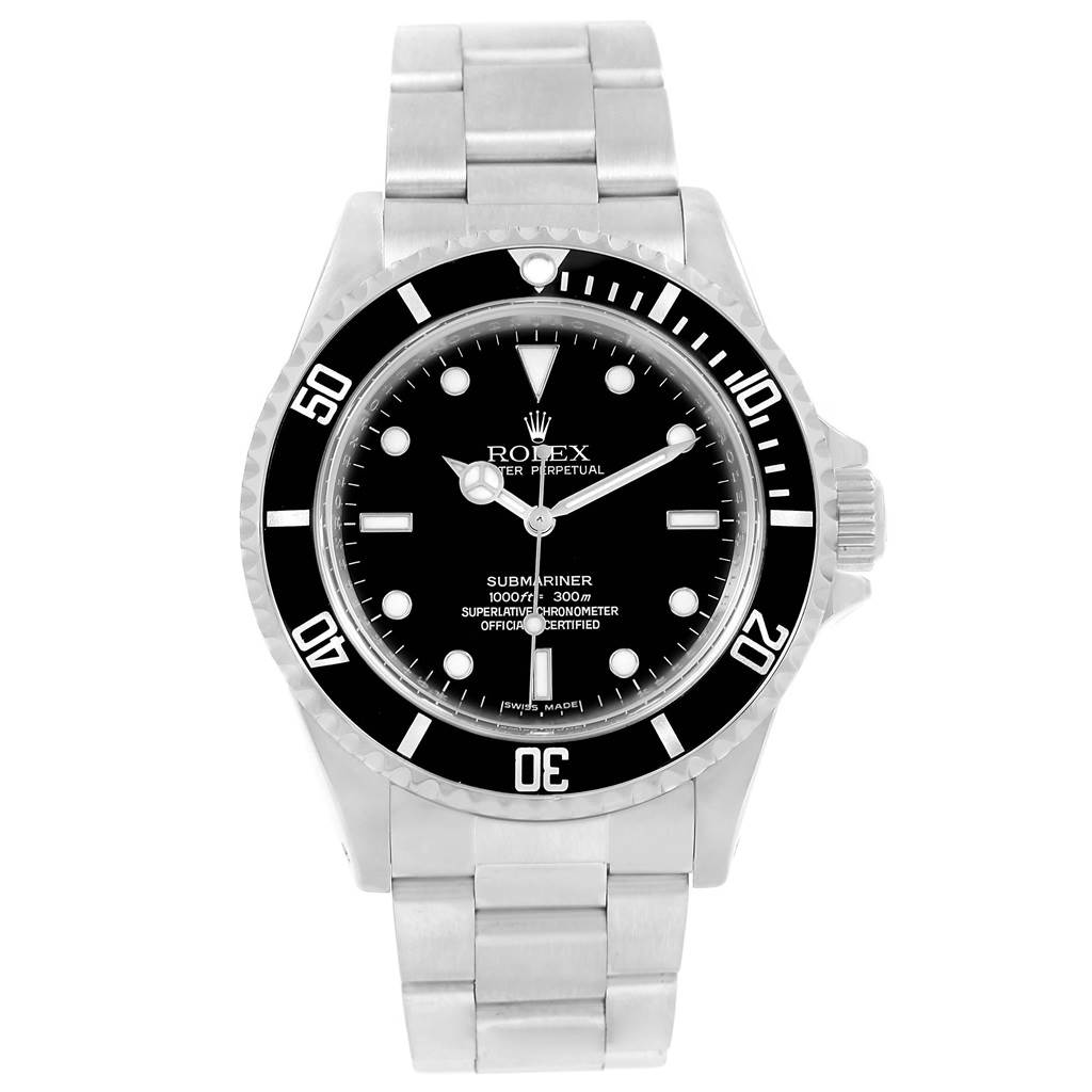 The image shows a front view of a Rolex Submariner 14060 Men's Stainless Steel Black Dial 14060 Men's Stainless Steel Black Dial watch, displaying its face, bezel, and metal bracelet.