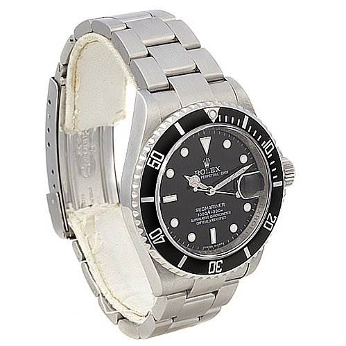 The image shows a Rolex Submariner 16610 Men's Stainless Steel Black Dial 16610 Men's Stainless Steel Black Dial watch angled to display the face, bezel, crown, and bracelet.