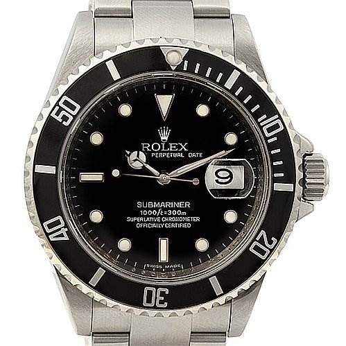 The image shows a front view of a Rolex Submariner 16610 Men's Stainless Steel Black Dial 16610 Men's Stainless Steel Black Dial watch, detailing its black dial, date window, bezel, and metal bracelet.