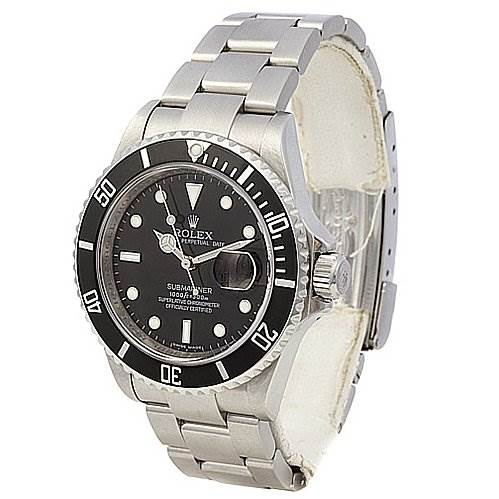 The image shows a front-angle view of a Rolex Submariner 16610 Men's Stainless Steel Black Dial 16610 Men's Stainless Steel Black Dial watch, displaying its face, bezel, and metal bracelet.