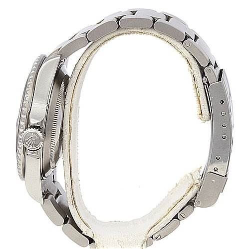 This image shows a side view of a Rolex Submariner 16610 Men's Stainless Steel Black Dial 16610 Men's Stainless Steel Black Dial watch, highlighting the crown, case, and metal bracelet.