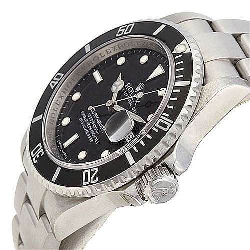 The image shows a side angle of a Rolex Submariner 16610 Men's Stainless Steel Black Dial 16610 Men's Stainless Steel Black Dial watch, highlighting the black bezel, crown, and part of the bracelet.