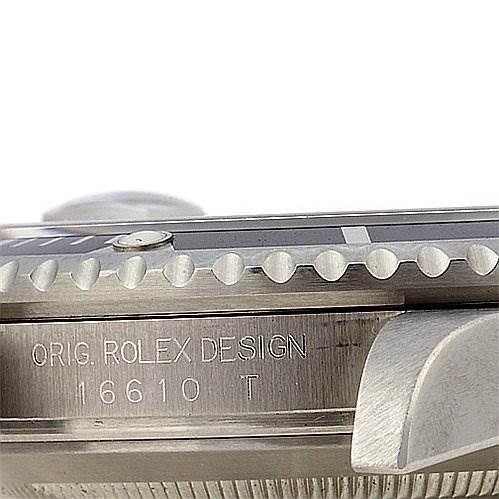 This image shows a close-up of the side of a Rolex Submariner 16610 Men's Stainless Steel Black Dial 16610 Men's Stainless Steel Black Dial watch, highlighting the bezel and part of the case with the Rolex design engraving and model number 16610.