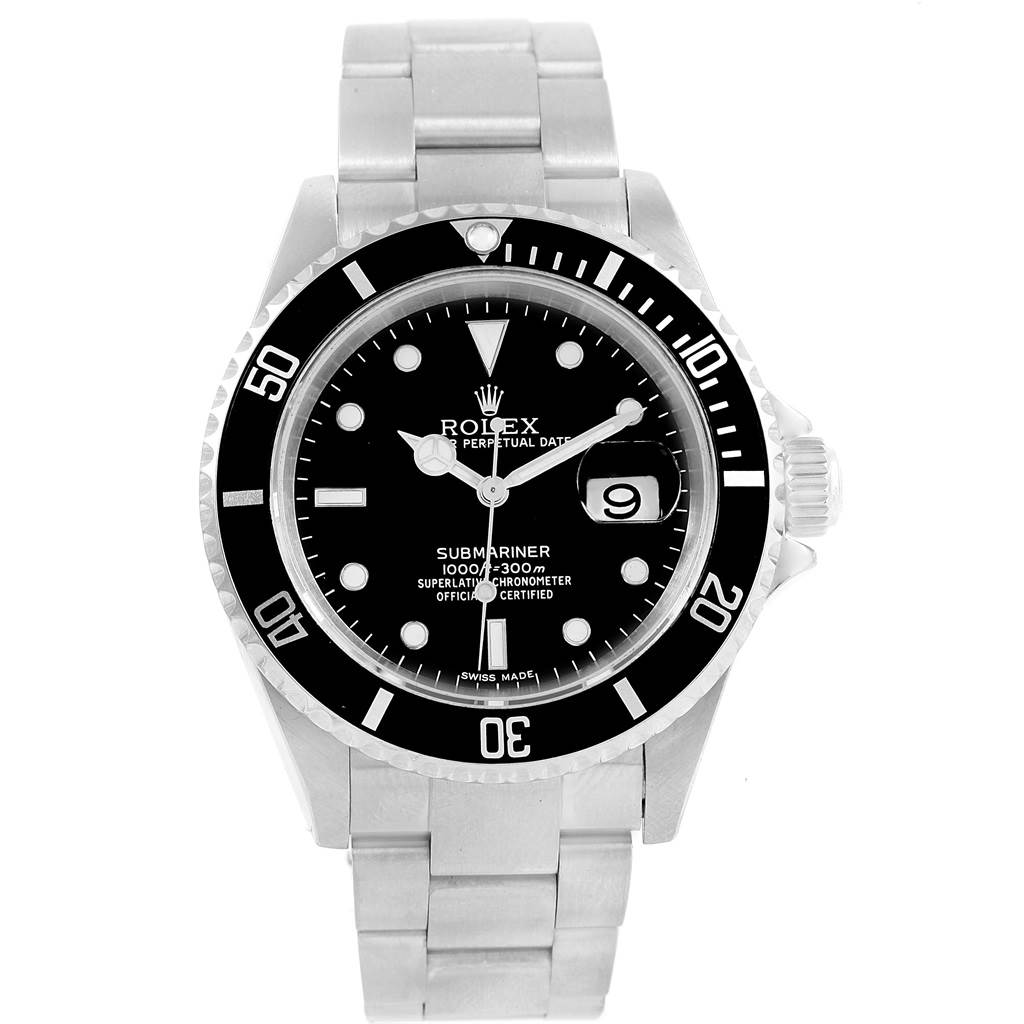 This image shows a front view of a Rolex Submariner 16610 Men's Stainless Steel Black Dial 16610 Men's Stainless Steel Black Dial watch, displaying the dial, bezel, and bracelet.