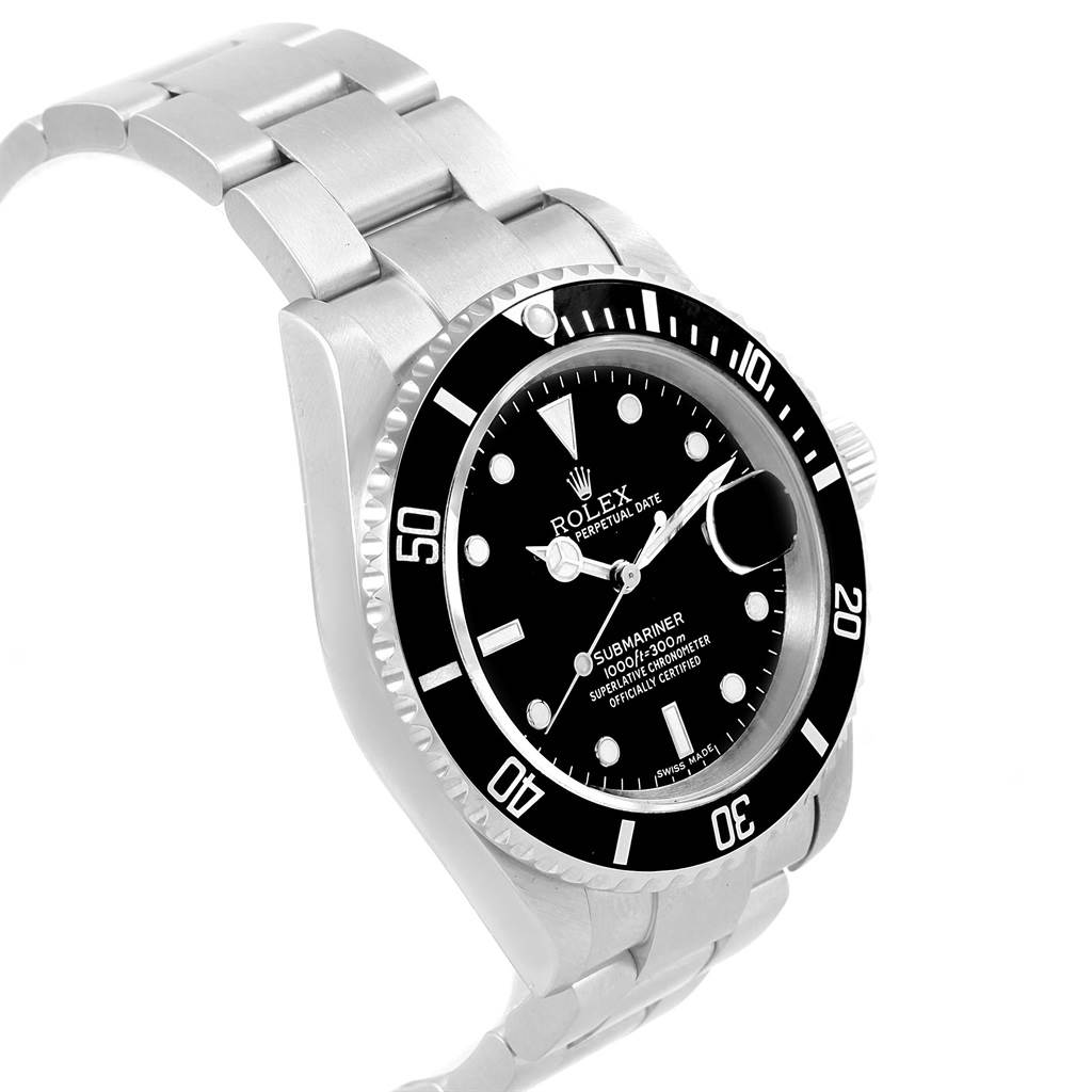 This image shows the Rolex Submariner 16610 Men's Stainless Steel Black Dial 16610 Men's Stainless Steel Black Dial watch at a slight angle, highlighting the face, bezel, and part of the bracelet.