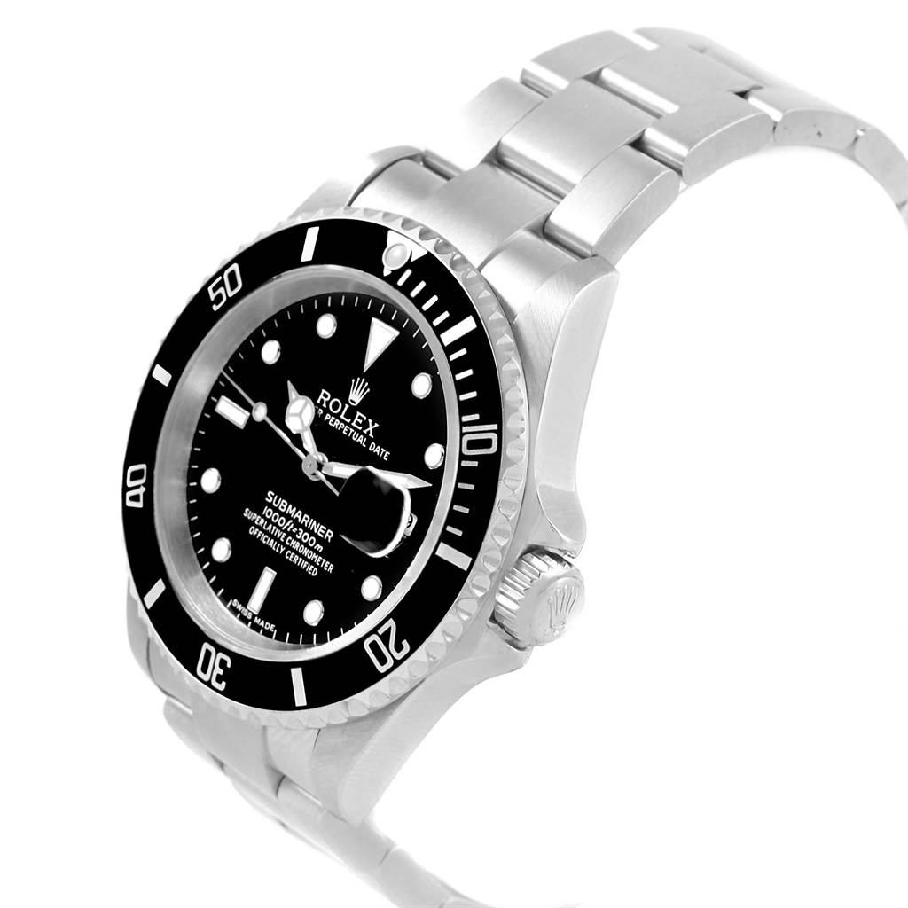 The Rolex Submariner 16610 Men's Stainless Steel Black Dial 16610 Men's Stainless Steel Black Dial watch is shown at a slight angle, displaying its black dial, bezel, and stainless steel bracelet.