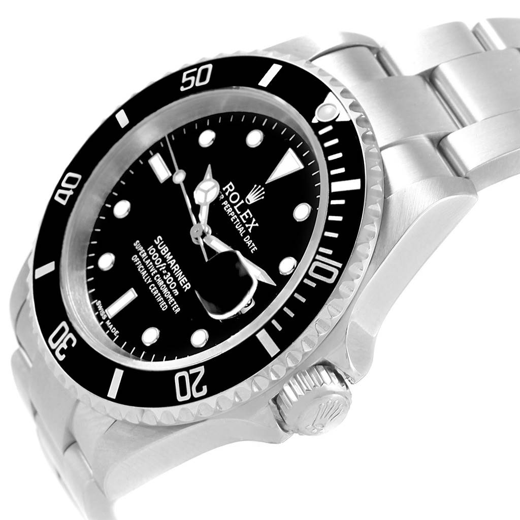 The image shows a close-up of a Rolex Submariner 16610 Men's Stainless Steel Black Dial 16610 Men's Stainless Steel Black Dial watch at a tilted angle, highlighting the bezel, dial, and crown.