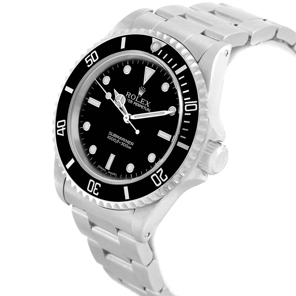 The image shows a Rolex Submariner 14060 Men's Stainless Steel Black Dial 14060 Men's Stainless Steel Black Dial watch from a three-quarter angle, highlighting the dial, bezel, crown, and bracelet.