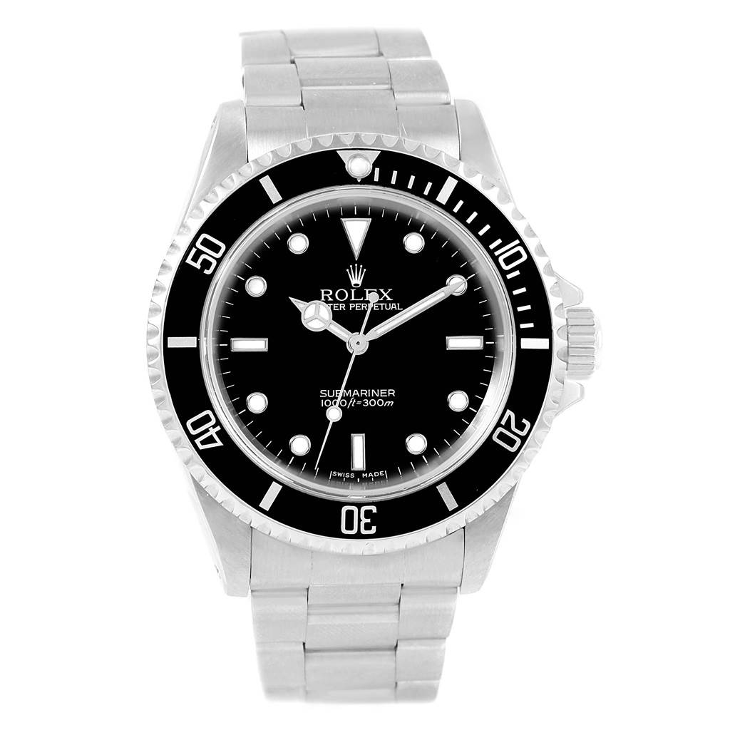 The image shows a front view of a Rolex Submariner 14060 Men's Stainless Steel Black Dial 14060 Men's Stainless Steel Black Dial watch, displaying its dial, bezel, and bracelet.