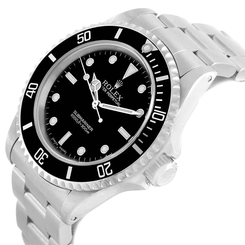 The image shows a Rolex Submariner 14060 Men's Stainless Steel Black Dial 14060 Men's Stainless Steel Black Dial watch at a slight angle, highlighting its dial, bezel, and bracelet.