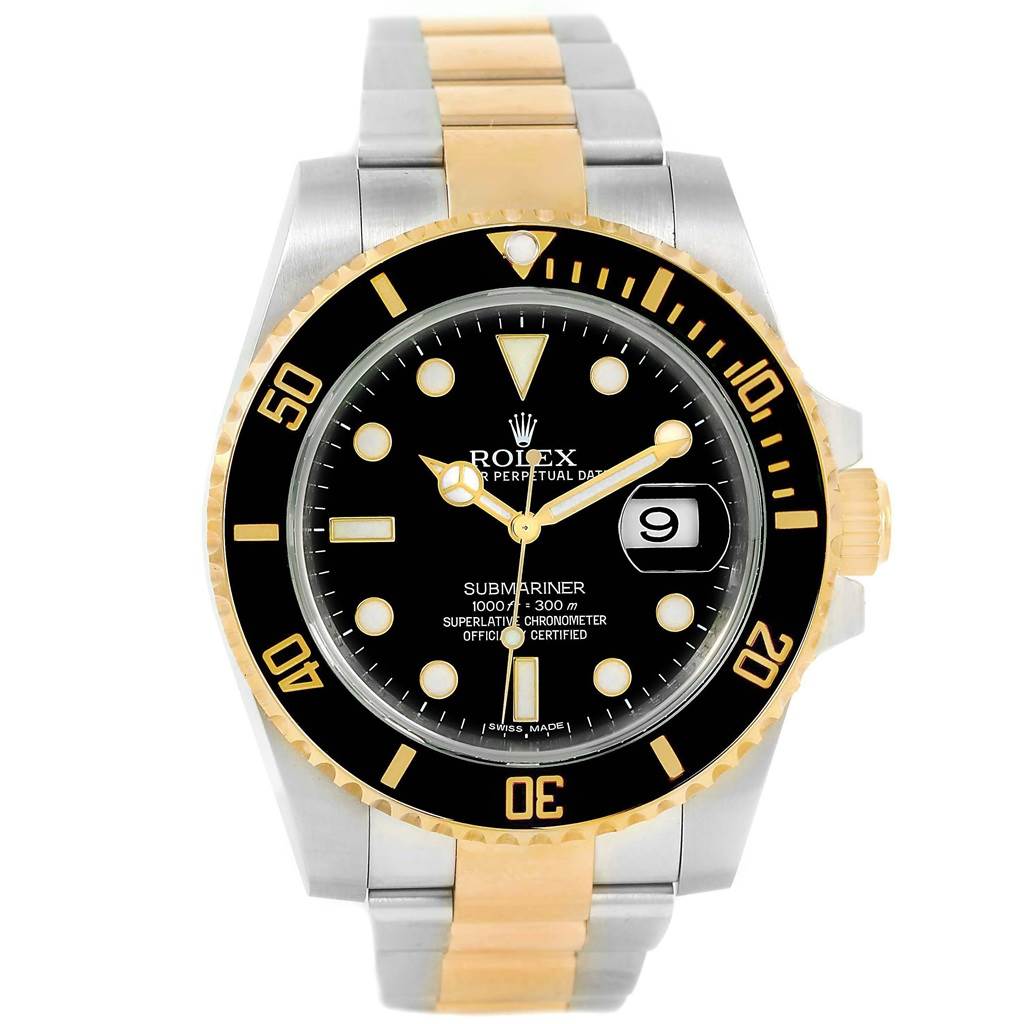 This is a front view of the Rolex Submariner 116613 Men's Steel and Gold (two tone) Black Dial 116613 Men's Steel and Gold (two tone) Black Dial showing its gold and silver bracelet, black dial, and date window.