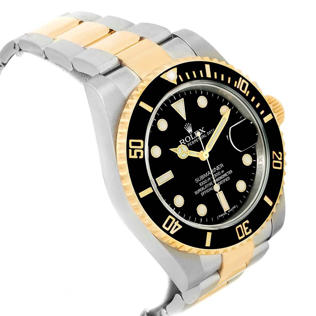 The image shows a Rolex Submariner 116613 Men's Steel and Gold (two tone) Black Dial 116613 Men's Steel and Gold (two tone) Black Dial watch from an angled side view, highlighting the bezel, dial, and part of the bracelet.