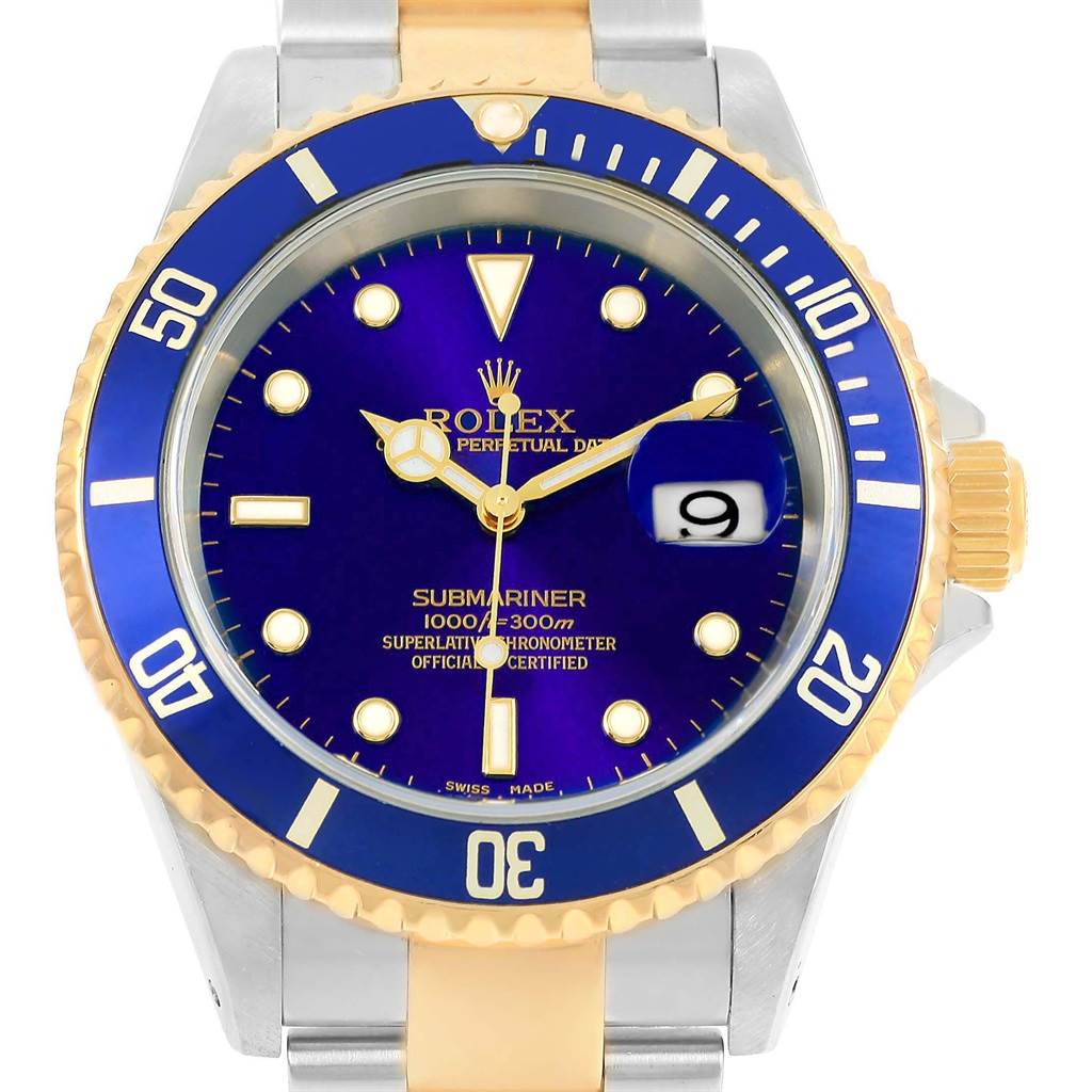The image shows a front view of the Rolex Submariner 16613 Steel and Gold (two tone) Blue Dial 16613 Steel and Gold (two tone) Blue Dial watch, highlighting its blue dial, bezel, and stainless steel and gold bracelet.