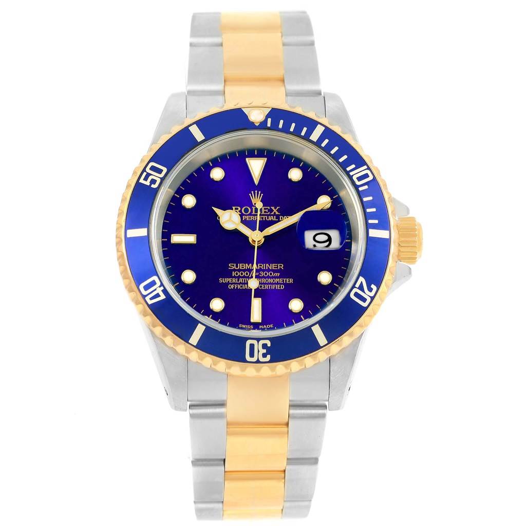 The Rolex Submariner 16613 Steel and Gold (two tone) Blue Dial 16613 Steel and Gold (two tone) Blue Dial watch is shown from a front view, displaying its blue dial, bezel, and two-tone bracelet.