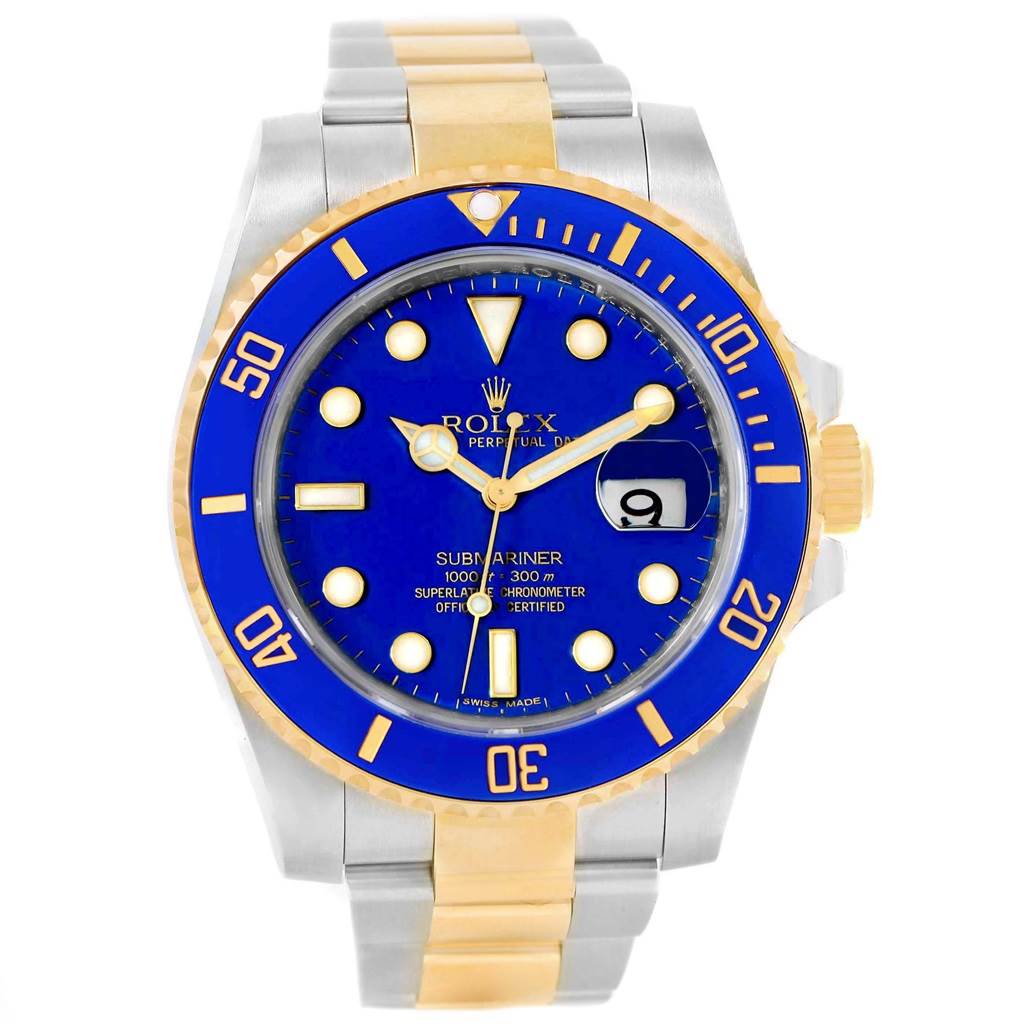 This image shows a frontal view of a Rolex Submariner 116613 Men's Steel and Gold (two tone) Blue Dial 116613 Men's Steel and Gold (two tone) Blue Dial watch with a blue dial and gold and silver bracelet.