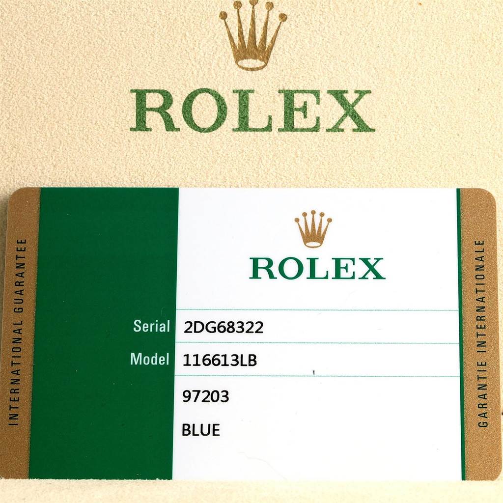 This image shows the warranty card for a Rolex Submariner 116613 Men's Steel and Gold (two tone) Blue Dial 116613 Men's Steel and Gold (two tone) Blue Dial model 116613LB.