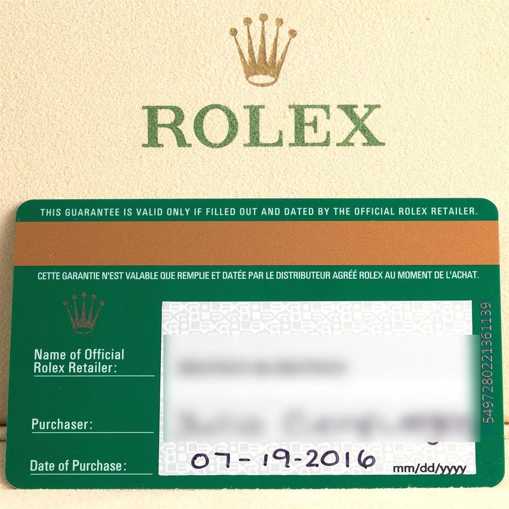 The image shows a warranty card for a Rolex Submariner 116613 Men's Steel and Gold (two tone) Blue Dial 116613 Men's Steel and Gold (two tone) Blue Dial, featuring purchase details and the brand logo.