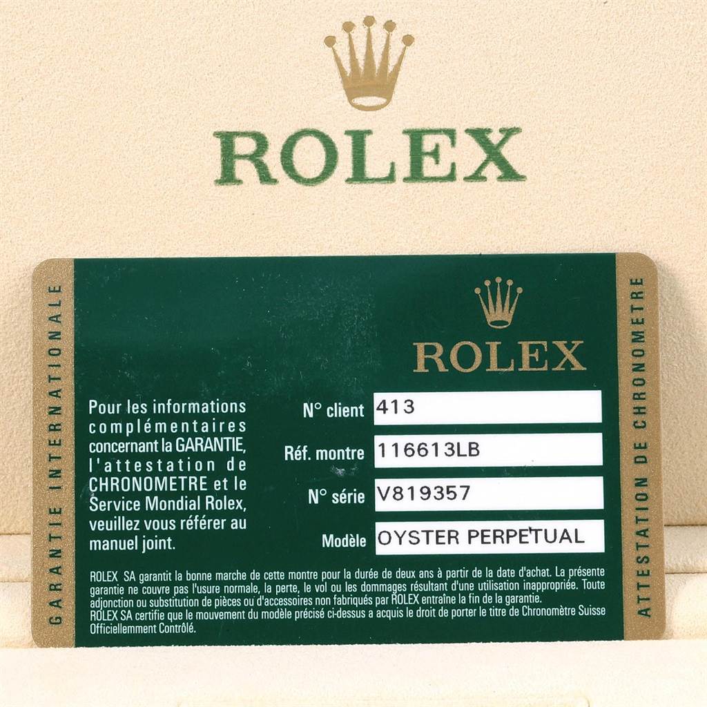 The image shows the guarantee/warranty card for a Rolex Submariner 116613 Men's Steel and Gold (two tone) Blue Dial 116613 Men's Steel and Gold (two tone) Blue Dial model Oyster Perpetual, with reference number 116613LB.