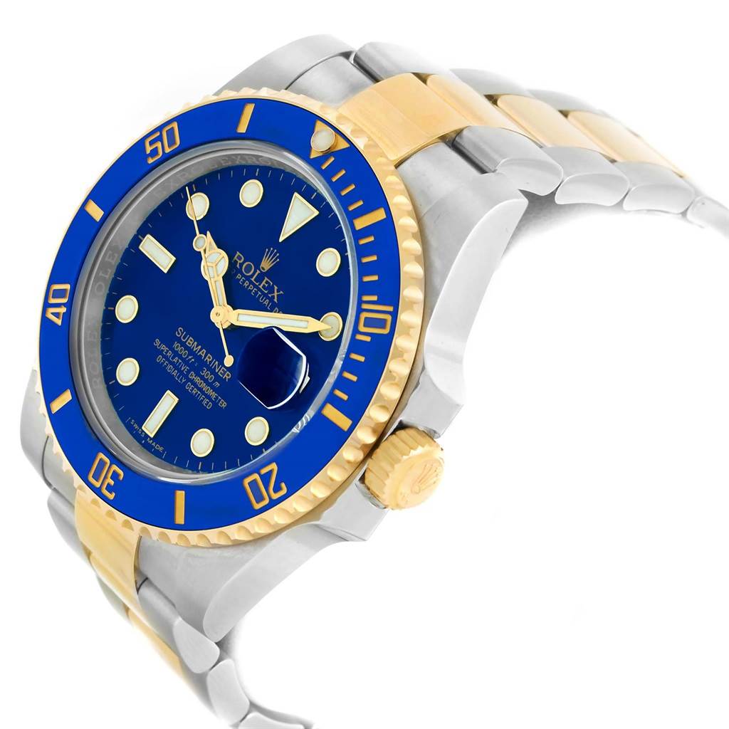 The image shows a side-angle view of a Rolex Submariner 116613 Men's Steel and Gold (two tone) Blue Dial 116613 Men's Steel and Gold (two tone) Blue Dial watch, highlighting its blue dial, gold bezel, and two-tone bracelet.