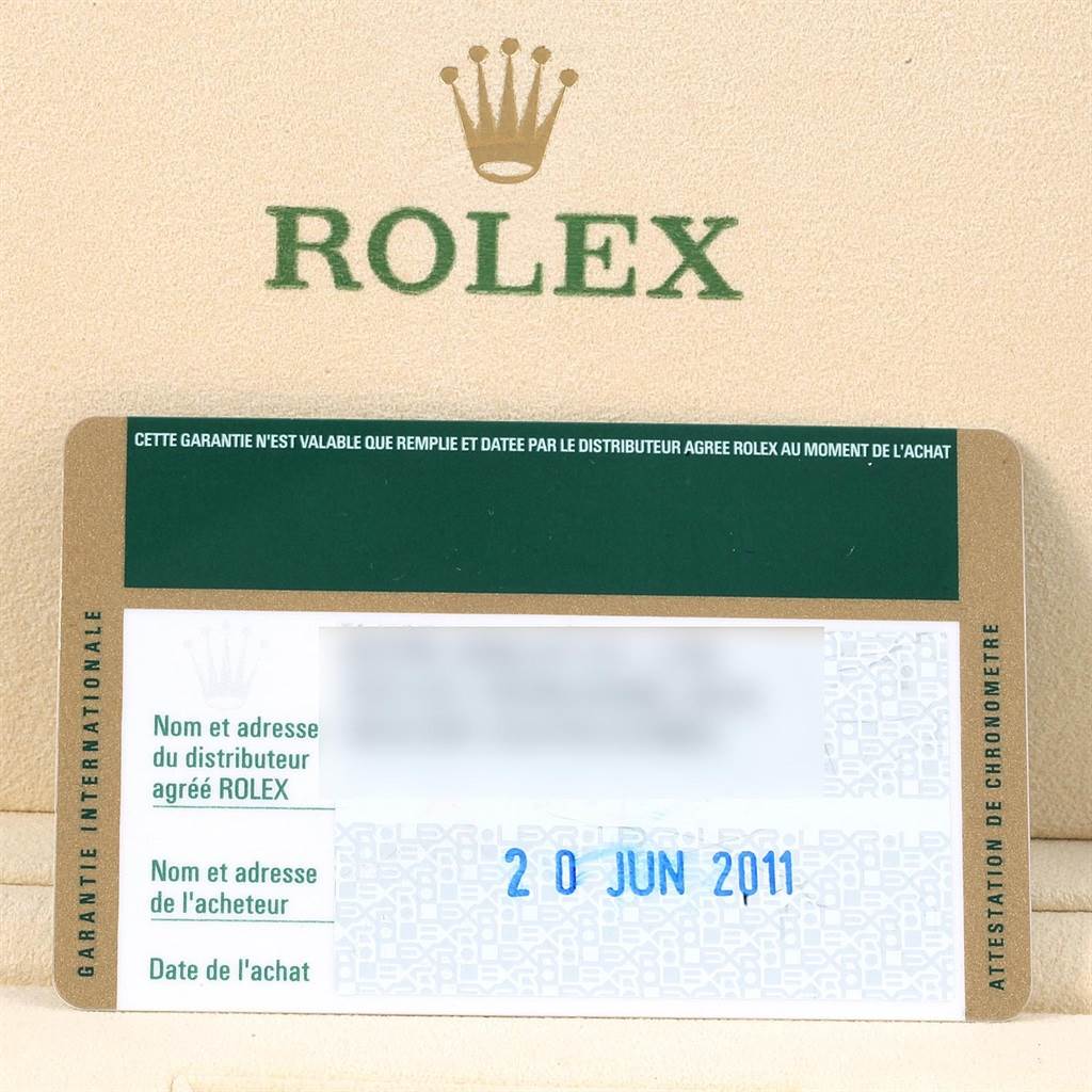 The image shows the warranty card for the Rolex Submariner 116613 Men's Steel and Gold (two tone) Blue Dial 116613 Men's Steel and Gold (two tone) Blue Dial, including purchase details and the Rolex logo.