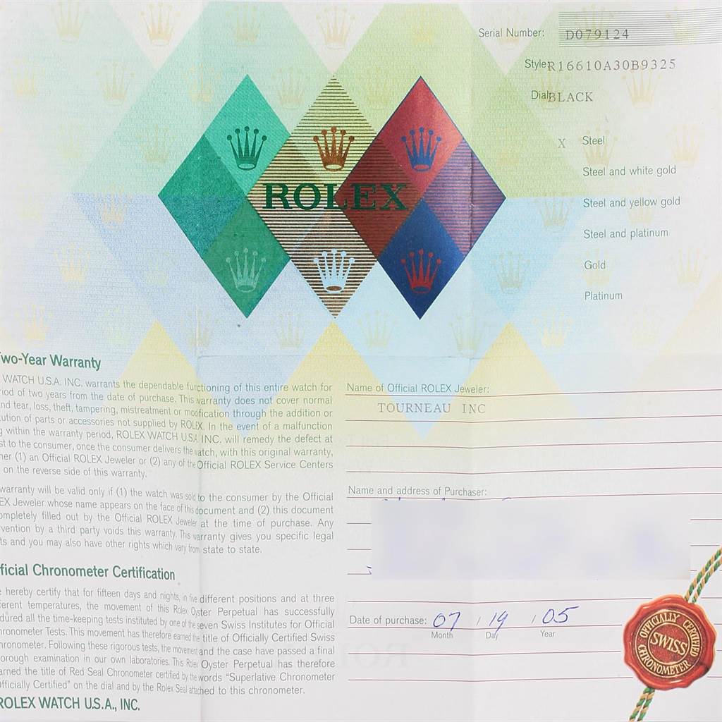 This image shows a warranty and certification paper for a Rolex Submariner 16610 Men's Stainless Steel Black Dial 16610 Men's Stainless Steel Black Dial model watch.