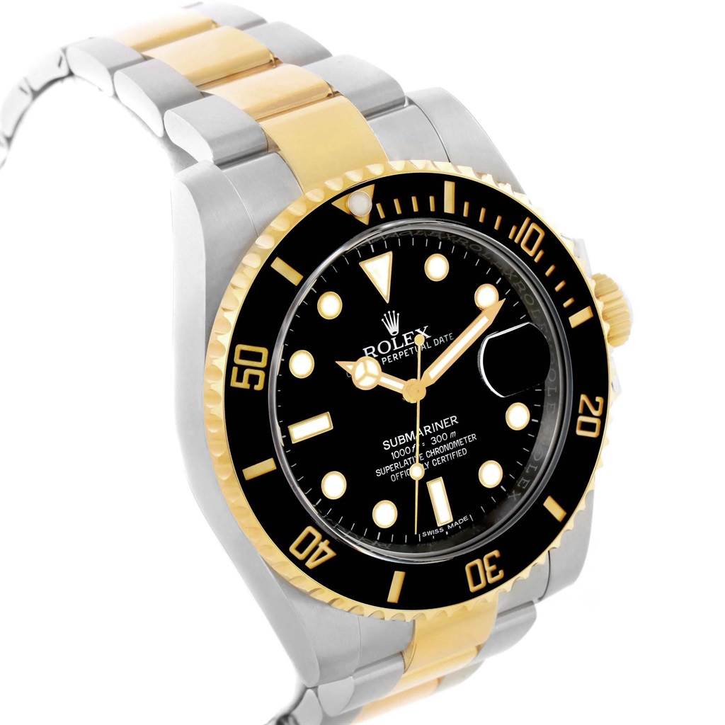 This image shows a Rolex Submariner 116613 Men's Steel and Gold (two tone) Black Dial 116613 Men's Steel and Gold (two tone) Black Dial watch with a black dial, gold accents, and a two-tone strap at a slight angle.