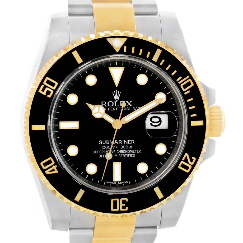 The image shows a front view of a Rolex Submariner 116613 Men's Steel and Gold (two tone) Black Dial 116613 Men's Steel and Gold (two tone) Black Dial watch, displaying its black dial, gold accents, and date window.