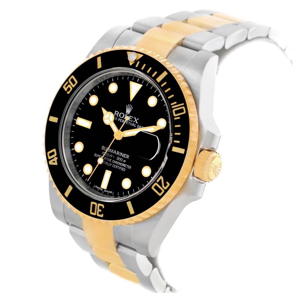 This image shows a side-angle view of the Rolex Submariner 116613 Men's Steel and Gold (two tone) Black Dial 116613 Men's Steel and Gold (two tone) Black Dial, highlighting its dial, bezel, and part of the bracelet and crown.