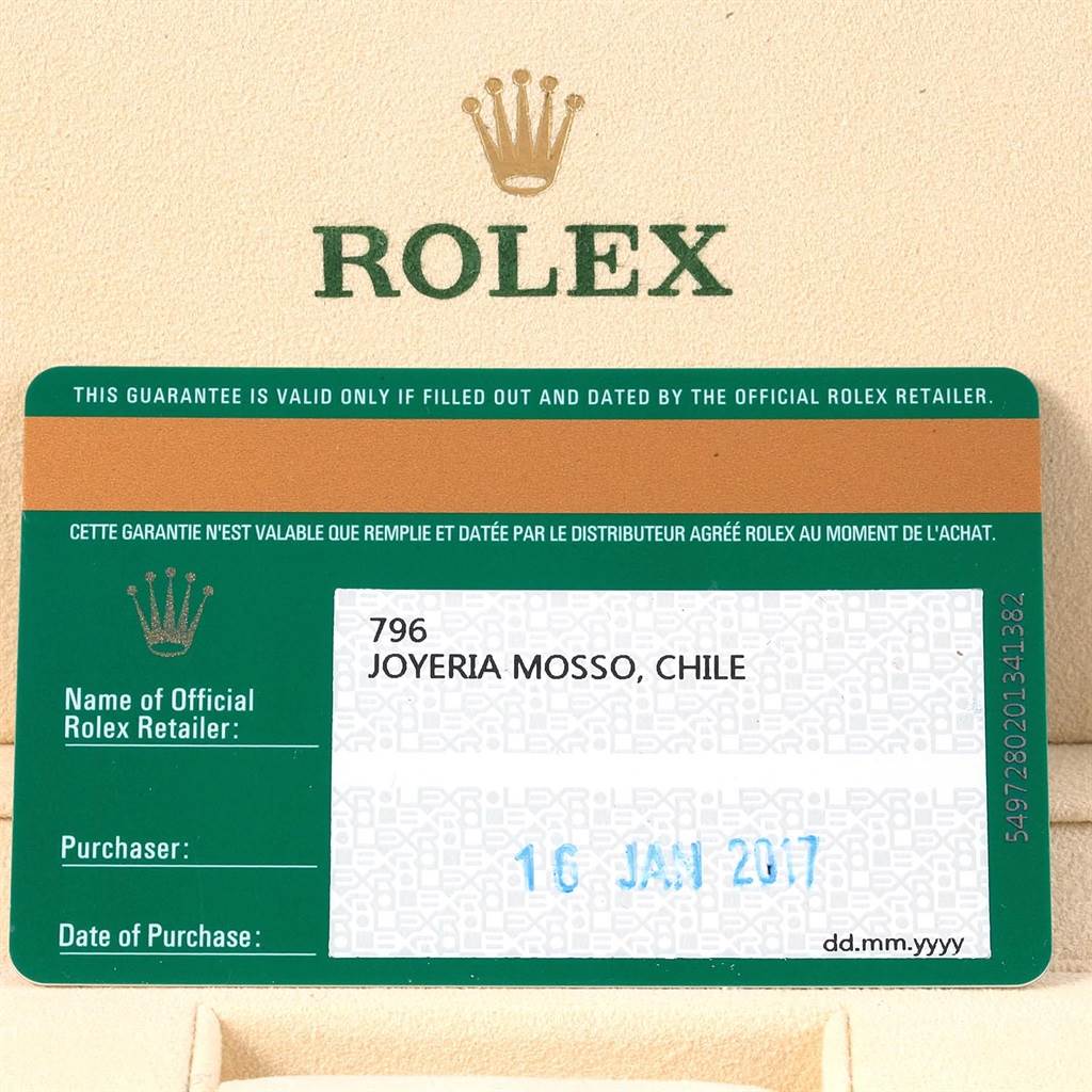 The image shows a Rolex Submariner 116613 Men's Steel and Gold (two tone) Blue Dial 116613 Men's Steel and Gold (two tone) Blue Dial warranty card from the retailer "JOYERIA MOSSO, CHILE," dated 16 JAN 2017.