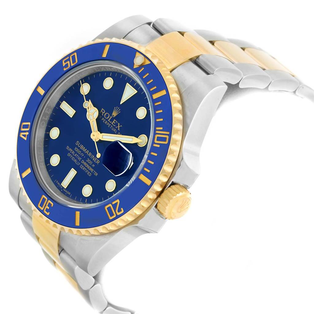 This image shows a Rolex Submariner 116613 Men's Steel and Gold (two tone) Blue Dial 116613 Men's Steel and Gold (two tone) Blue Dial from an angled side view, highlighting the bezel, dial, crown, and bracelet.