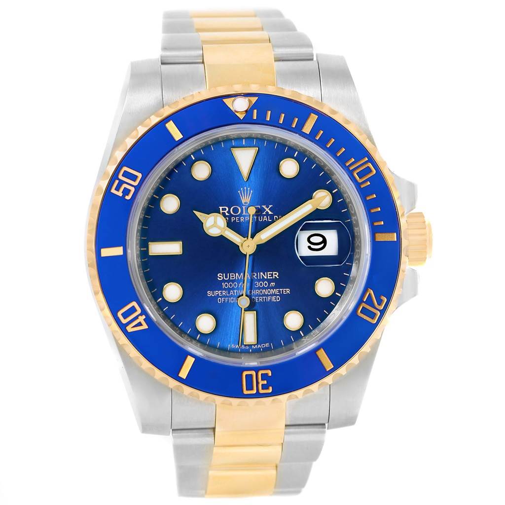 The image shows the front view of a Rolex Submariner 116613 Men's Steel and Gold (two tone) Blue Dial 116613 Men's Steel and Gold (two tone) Blue Dial watch, highlighting the blue dial, bezel, gold accents, and metal bracelet.