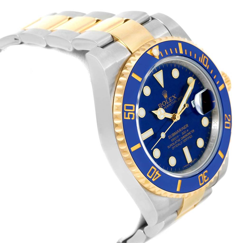 The image shows a side and partial face view of a Rolex Submariner 116613 Men's Steel and Gold (two tone) Blue Dial 116613 Men's Steel and Gold (two tone) Blue Dial watch, highlighting its blue bezel, gold accents, and bracelet.