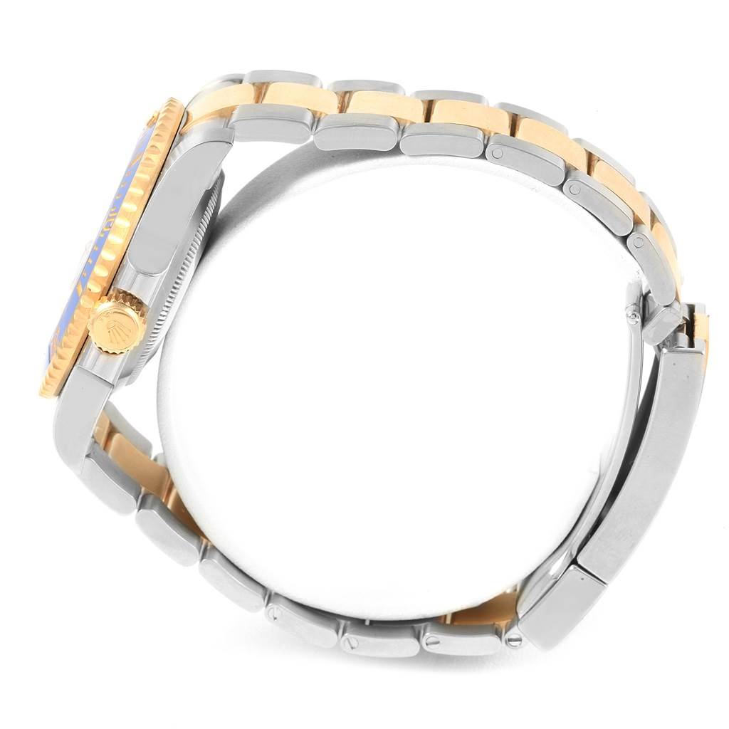 This image shows a side view of the Rolex Submariner 116613 Men's Steel and Gold (two tone) Blue Dial 116613 Men's Steel and Gold (two tone) Blue Dial, highlighting its two-tone bracelet, bezel, and crown.