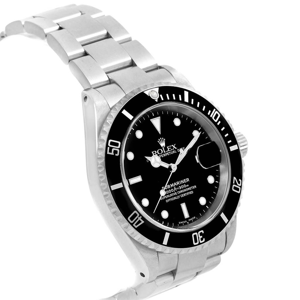 The image shows a Rolex Submariner 16610 Men's Stainless Steel Black Dial 16610 Men's Stainless Steel Black Dial watch at a three-quarter angle, highlighting the dial, bezel, case, and part of the bracelet.