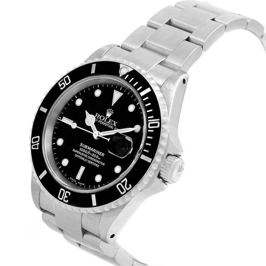 The image shows a Rolex Submariner 16610 Men's Stainless Steel Black Dial 16610 Men's Stainless Steel Black Dial watch at a slight top-side angle, highlighting the black dial, bezel, and metal bracelet.