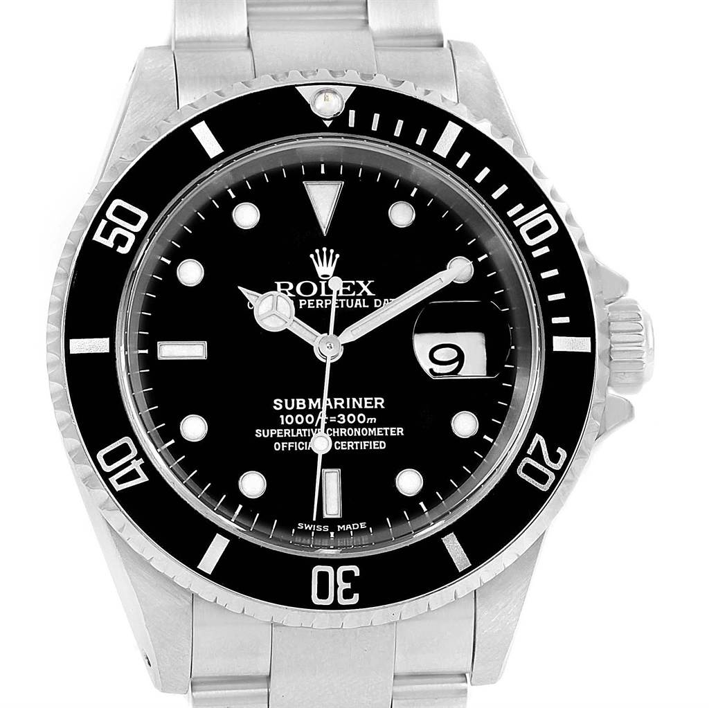 The image shows a front view of a Rolex Submariner 16610 Men's Stainless Steel Black Dial 16610 Men's Stainless Steel Black Dial watch, displaying the dial, bezel, and part of the bracelet.