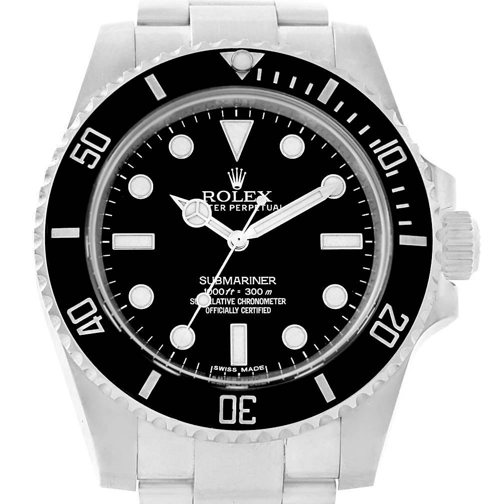The image shows the Rolex Submariner 114060 Men's Stainless Steel Black Dial 114060 Men's Stainless Steel Black Dial watch from a top-down angle, highlighting its dial, bezel, and part of the bracelet.