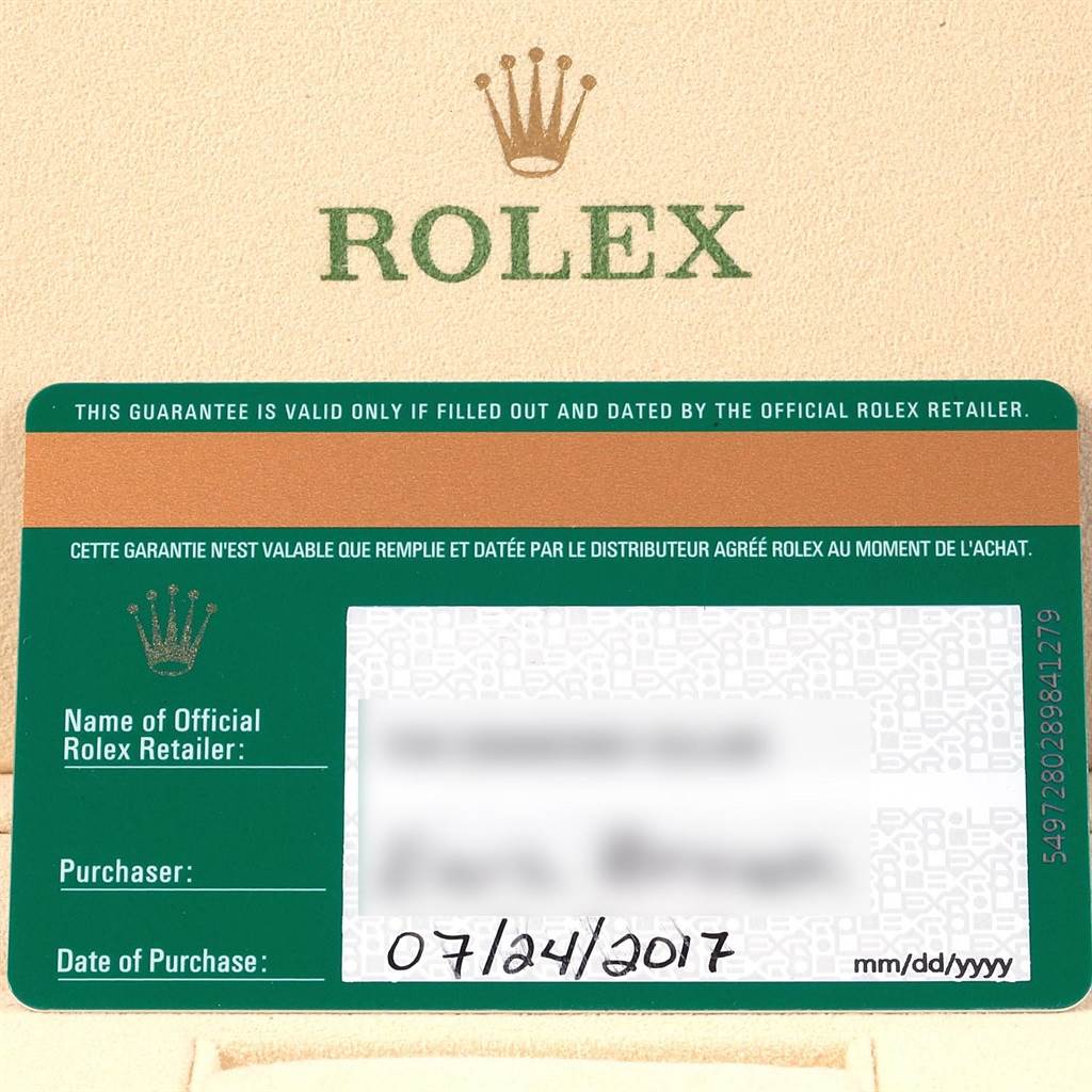 The image shows the warranty card for a Rolex Submariner 114060 Men's Stainless Steel Black Dial 114060 Men's Stainless Steel Black Dial watch, including purchase details and the official retailer's name.